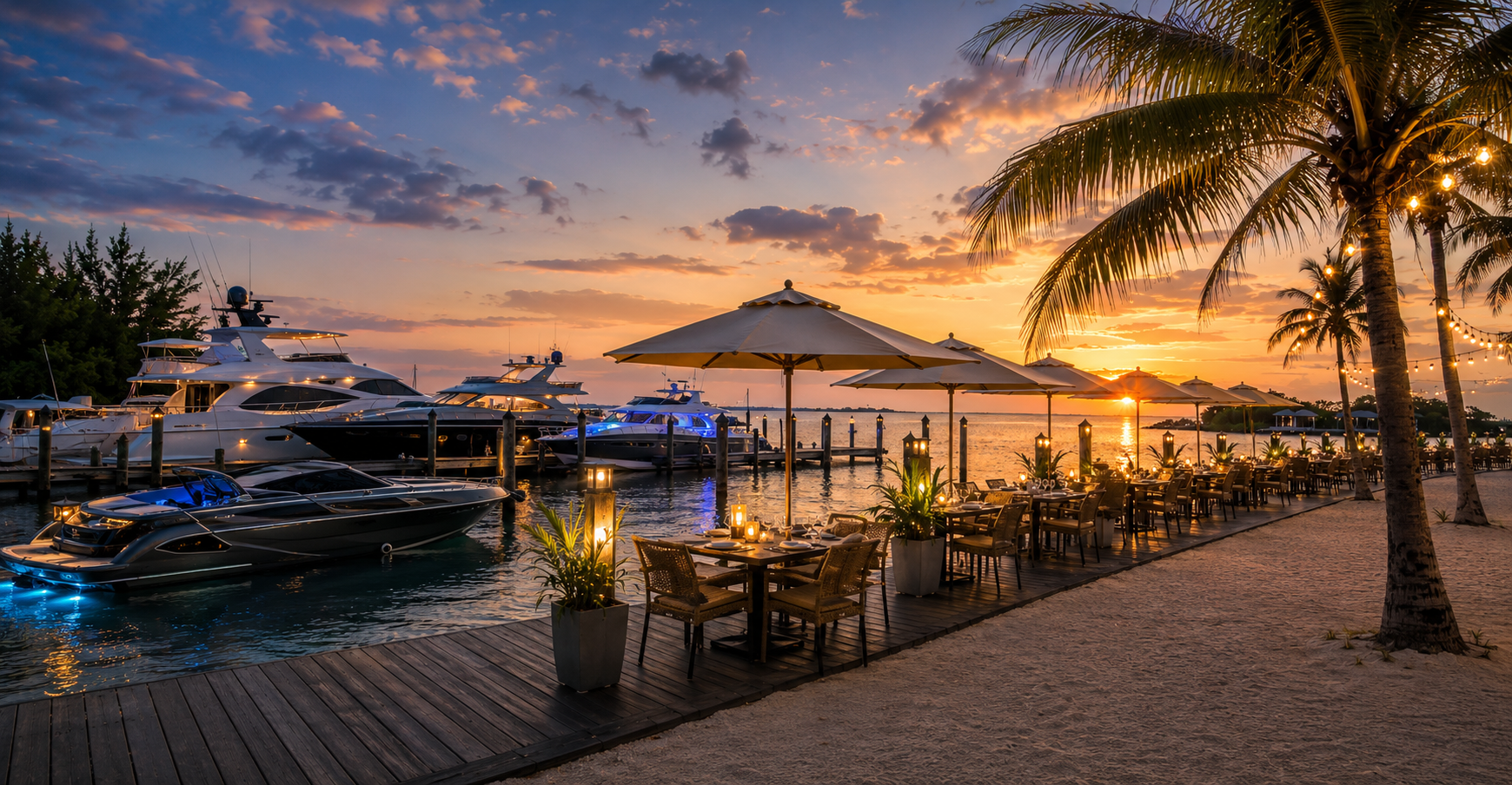 A waterfront hospitality terrace at sunset, with boats beyond the dining room